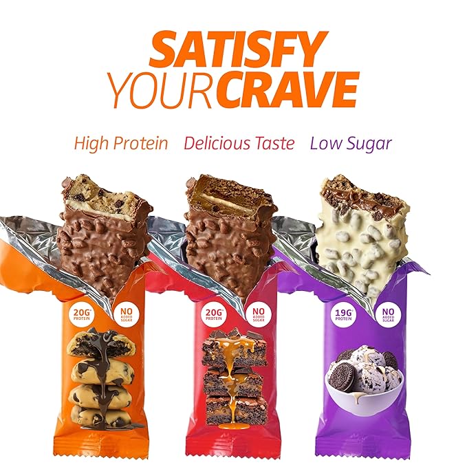Satisfy Your Crave Protein Bars– High Protein Delicious Snacks– 20g of Protein No Added Sugar– Chocolate Chip Cookie Dough– Perfect for Breakfast On-the-Go Snack Pantry Staple &amp Office Treat– N