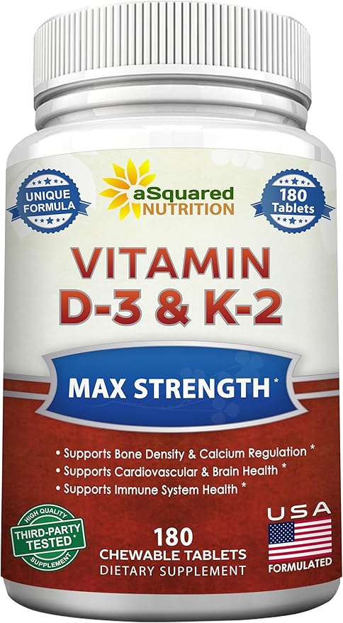 aSquared Nutrition Vitamin D3 with K2 Supplement-180 Chewable Tablets Max Strength D-3 Cholecalciferol &amp K-2 MK7 to Support Healthy Bones Teeth Heart -Antioxidant D3 &amp K2 MK-7 Energy Formul