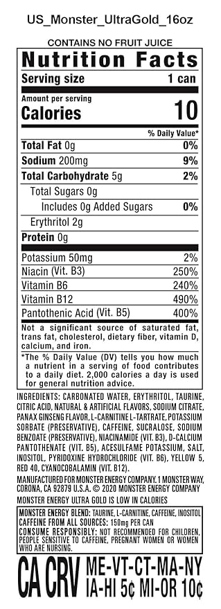 Monster Energy Ultra Gold Sugar Free Energy Drink 16 Ounce | Pack of 24