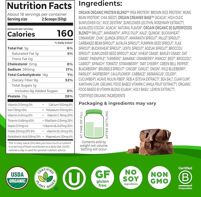 Orgain Organic Vegan Protein + 50 Superfoods Powder Bundle - Creamy Chocolate Fudge &amp Vanilla Bean 21g Plant Based Protein 2.02 lb Each