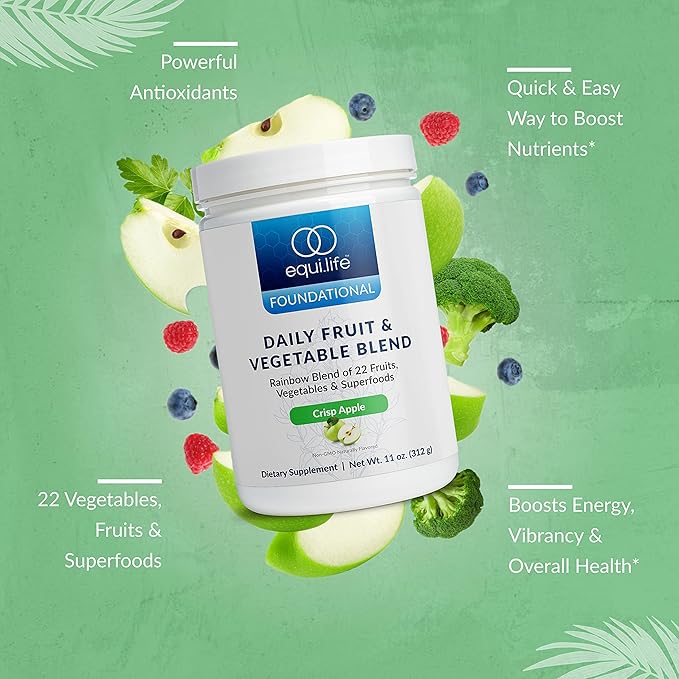 Equilife Daily Fruit &amp Vegetable Blend Superfood Antioxidant Supplement Crisp Apple Flavor with Vitamin C Fiber and 9 Essential Amino Acids Supports Energy Low Sugar Vegan 30 Servings Tub