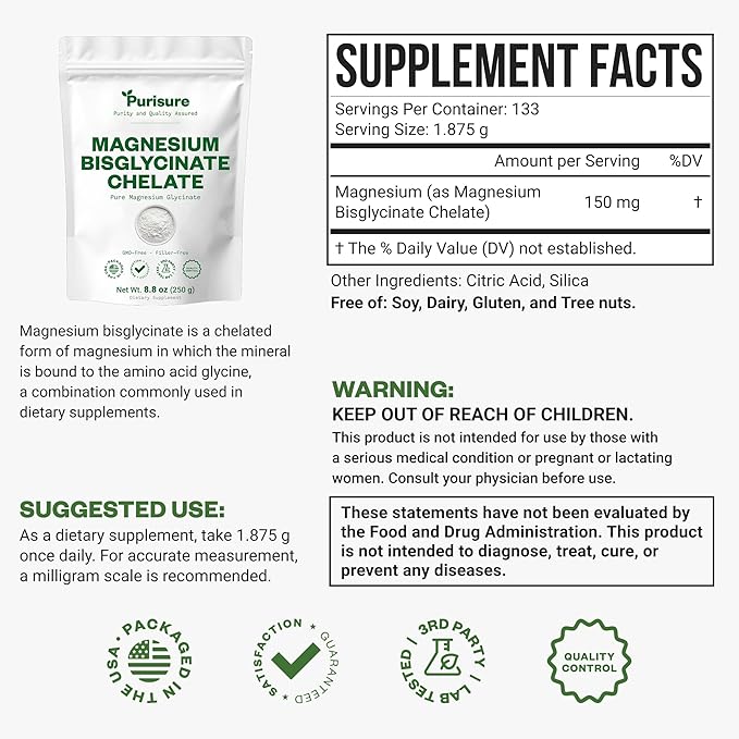 Purisure Magnesium Bisglycinate Chelate 250g Pure Magnesium Glycinate Powder for Bones Magnesium Bisglycinate Chelate for Sleep and Muscle Flexibility Gluten-Free Non-GMO 133 Servings