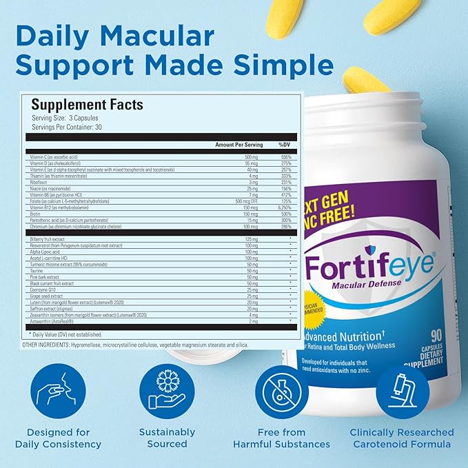 Fortifeye Vitamins Macular Defense Multivitamin-60 Day Supply 180 Tablets (Zinc Free) All Natural Total Body &amp Eye Vitamins for Vision Pure Macular Support Formula Complex Eye Vitality Supplem
