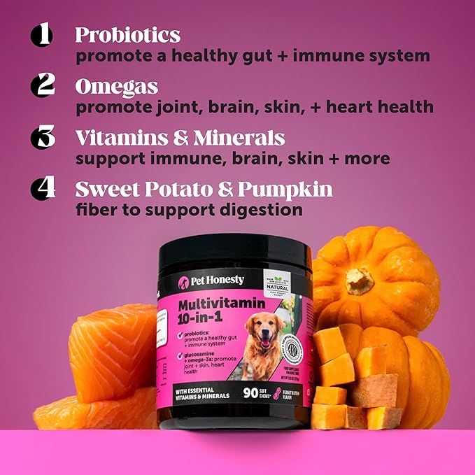 10-in-1 Dog Multivitamin Supplement with Glucosamine &amp Probiotics - Hip &amp Joint Support Digestive Health Immune Support Heart &amp Skin - All-in-One Daily Vitamins &amp Omega-3s (Peanut B