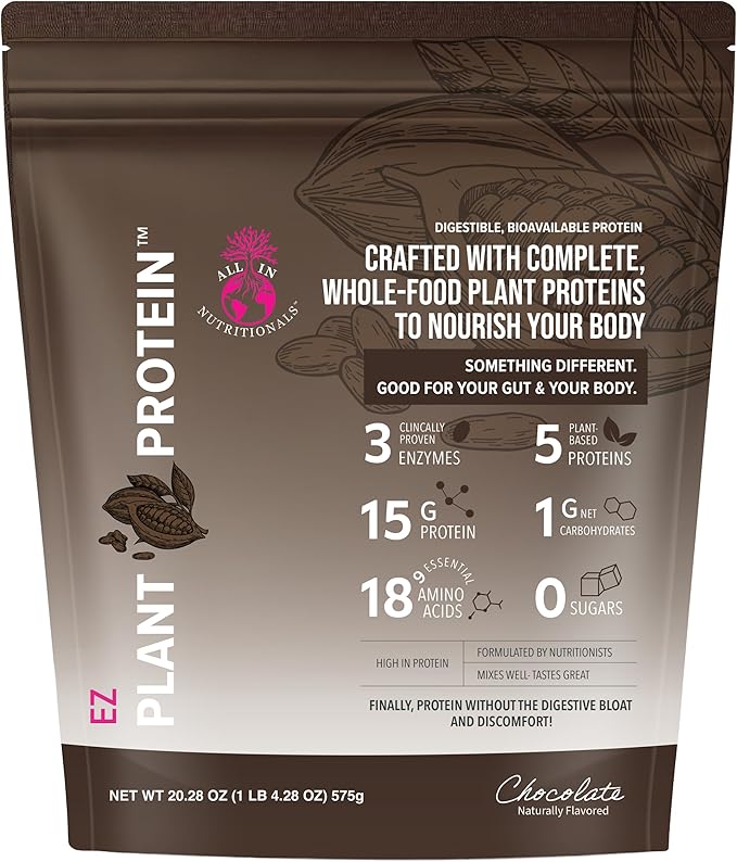 All In Nutritionals EZ Plant Protein Vegan Keto-Friendly Dairy-Free Soy-Free Gluten-Free in Chocolate Blend of Rice Peas Sacha Inchi and Pumpkin Seeds - NO Bloat - with Digestive Enzymes