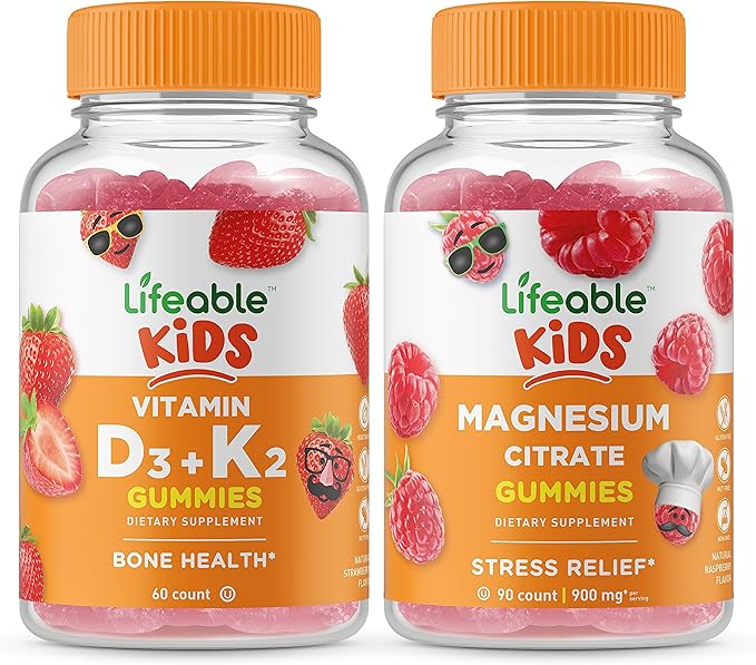 Lifeable Vitamin D3 + Vitamin K2 Kids + Magnesium Kids Gummies Bundle - Great Tasting Vitamin Supplement Gluten Free GMO Free Chewable Gummy