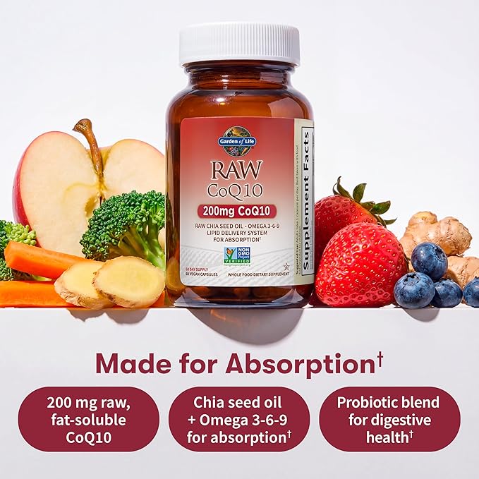 Garden of Life CoQ10 200mg Vegetarian Omega 3 6 9 Supplement Raw Co Q 10 Chia Seed Oil Whole Food Nutrition with Antioxidant Support Coenzyme q10 Supplement for Heart Health 60 Capsules