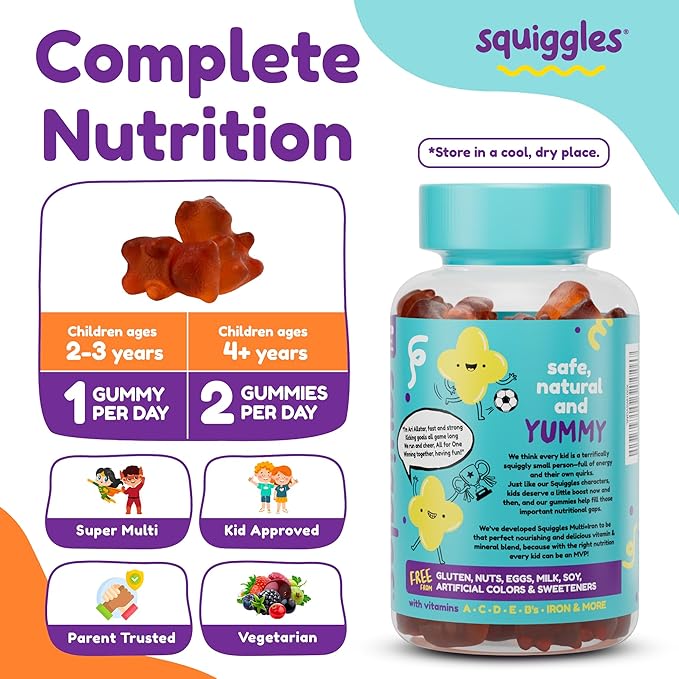 Squiggles Kids Multivitamin + Iron Gummies - Low Sugar Gummy Vitamins with Iron Supplements for Kids - Broad Spectrum of Vitamins and Minerals Chewy Yummy Berry Flavor (100 Count)