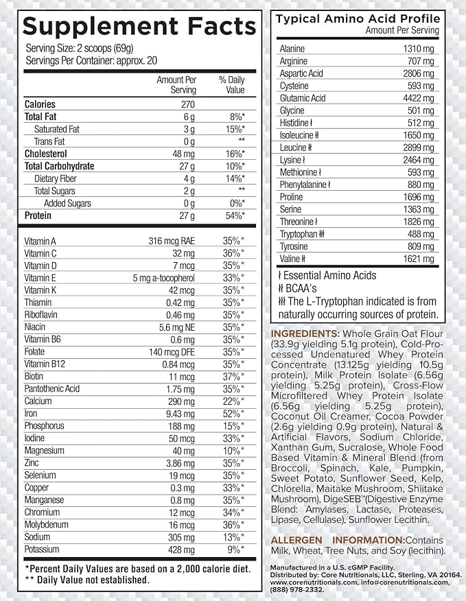 Core Nutritionals MRP Full Spectrum Meal Replacement | Whey Protein Blend + Low Glycemic Carb Blend | 27g Protein | 3 Pound (Double Chocolate Oatmeal Cookie)