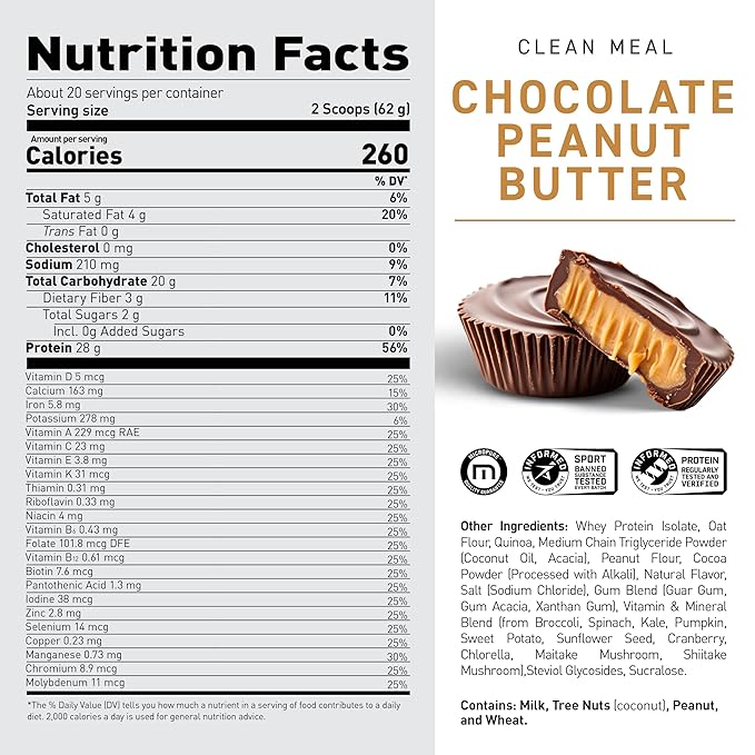 Kaged Clean Meal Powder | Chocolate Peanut Butter | Meal Replacement Shake | Whey Protein Isolate | Clean Carbs MCT Oil Fats Organic Vitamins and Minerals | Supplements for Men &amp Women | 20 Serv