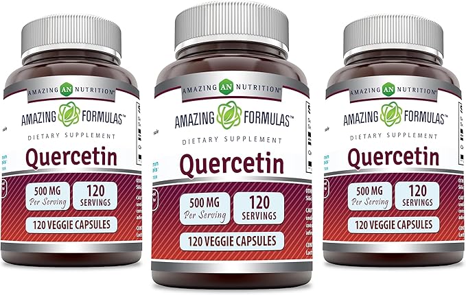 Amazing Formulas Quercetin 500mg Veggie Capsules Supplement | Non-GMO | Gluten Free | Supports Overall Health &amp Well Being (120 Count | 3 Pack)