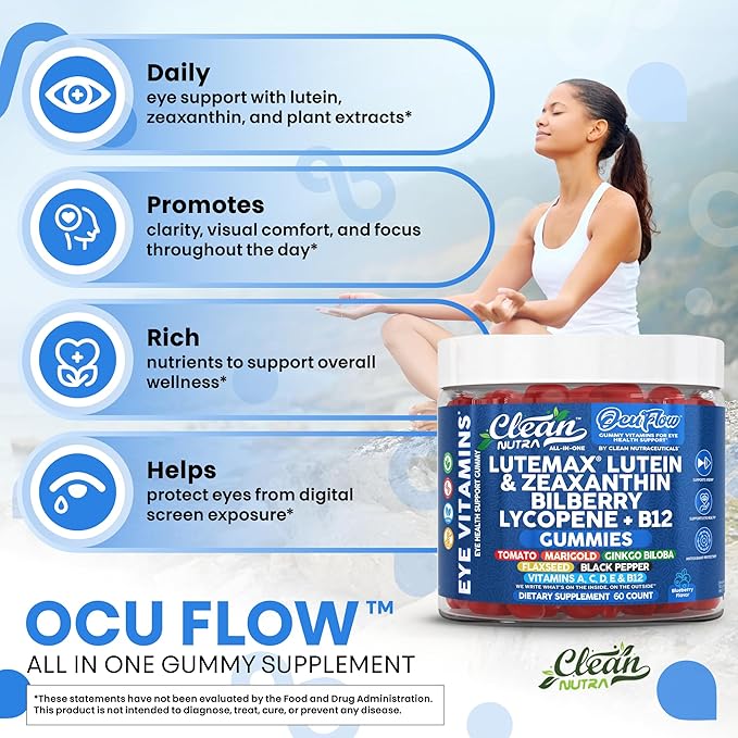 Clean Nutra Lutein and Zeaxanthin Eye Vitamins Gummies + Bilberry for Eyes Vision Support Ginkgo Biloba Marigold Vitamin B12 Flaxseed Black Pepper CoQ10 Vitamin A l 60 Count B OcuFlow