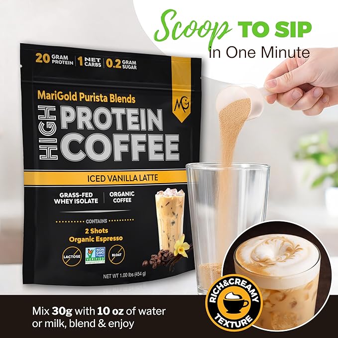 MariGold High Protein Coffee - Iced Vanilla Latte 20g Grass-Fed Whey Protein Isolate Energy &amp Workout Boost 2 Shots Organic Espresso Non-GMO 1 Net Carb 1 Lb Bag 15 Servings