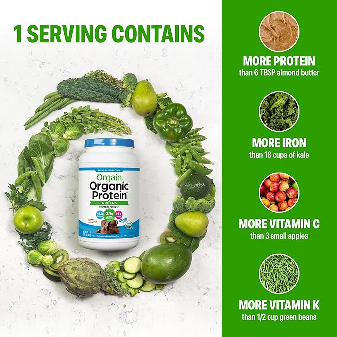 Orgain Organic Vegan Protein Powder + Greens Creamy Chocolate Fudge - 21g Plant Based Protein Gluten Free Dairy &amp Lactose Free Soy Free No Sugar Added Iron &amp Prebiotics for Gut Health -