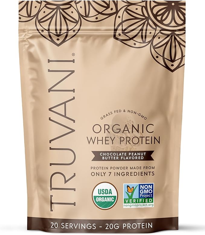 Truvani Organic Whey Protein Powder | Chocolate Peanut Butter | 20g Grass Fed Whey Protein | 20 Servings | USDA Organic &amp Non-GMO | Gluten Free | No Gums No Soy No Stevia No Added Sugars