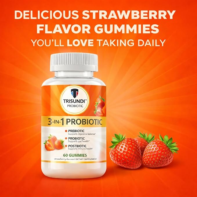 3-in-1 Probiotic Gummies with Prebiotic &amp Postbiotic Strawberry Flavor Daily Digestive Support Supplement 60 Gummies