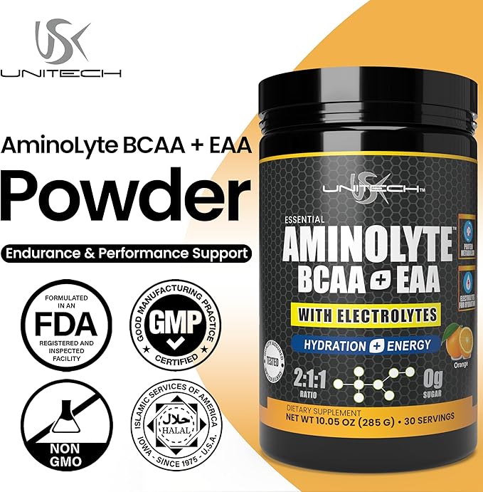 USK Unitech AminoLyte BCAA + EAA &amp Electrolytes Powder | Rich with Essential Amino Acids | Muscle Recovery &amp Hydration | Endurance &amp Performance Support | Dietary Supplement | Orange Flavo
