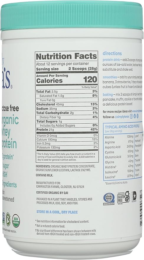 Simply Tera's Whey Protein Plain Lactose Free Organic 12 Ounce