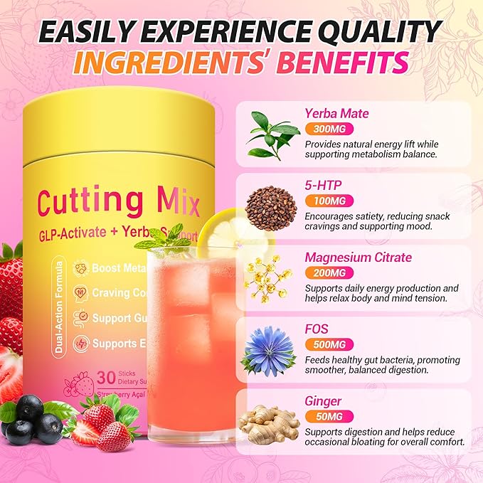 Cutting Drink Mix – GLP-1 Drink Mix with 5-HTP Yerba Mate &amp Magnesium FOS | Supports Satiety Signaling Energy &amp Gut Health | Strawberry Açaí Flavor – 30 Servings