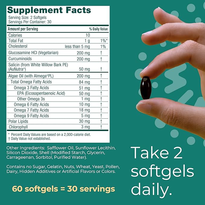 Iwi Life Joint Omega-3 60 Softgels (30 Servings) Plant-Based Algae Omega-3 with Glucosamine Mobility Support Dietary Supplement Krill &amp Fish Oil Alternative No Fishy Aftertaste