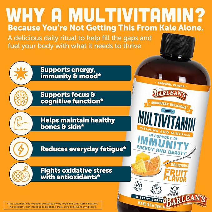 Barlean's Liquid Multivitamin for Women Men &amp Kids 21 Essential Vitamins &amp Minerals Includes Biotin B-Complex Vitamins C D3 &amp K2 Smoothie-Like Daily Supplement Tropical Flavor 16