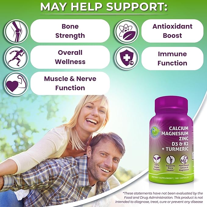 Plant-Based Calcium 500mg (Aquamin) – Vegan Calcium Magnesium Zinc D3 with Vitamin K2 &amp Organic Turmeric – Enhanced Bone and Muscle Health &amp Strength Immune Support for Women &amp Men - 180