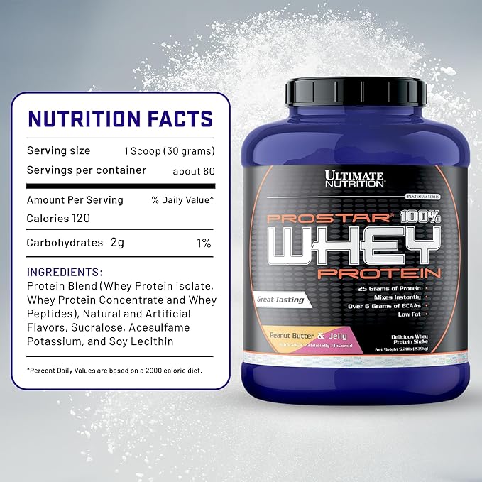 Ultimate Nutrition Prostar Whey Protein Powder Isolate Peanut Butter &amp Jelly - Low Carb High Protein Powder Shake for Muscle Gain &amp Recovery - Low Sodium Low-Fat &amp Keto Friendly - 5.28