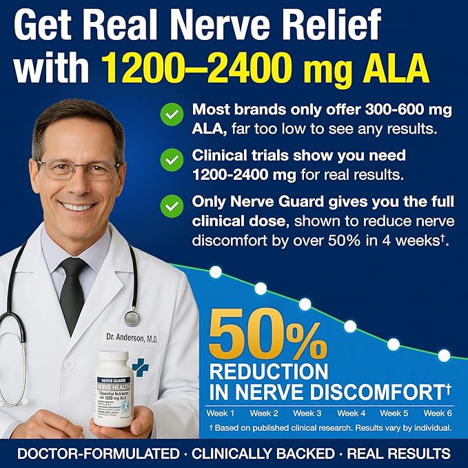 Nerve Health Supplement with 1200 mg Alpha Lipoic Acid to Fortify Nerve Health and Function in Fingers Hands Toes &amp Feet – 1200mg ALA Vitamins B12 B6 &amp B1 Magnesium – 30 Capsules