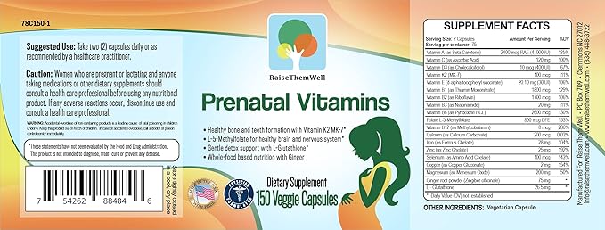 Raise Them Well Prenatal Multivitamin with Methylfolate K2 MK-7 Glutathione &amp Iron Physician Developed Non-GMO Supports Healthy Pregnancy Brain &amp Bone Development 150 Veggie Capsules