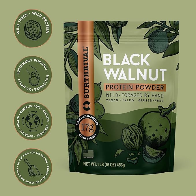 Surthrival: Black Walnut Protein Powder Wild-Foraged Ethically-Harvested 17g Protein USA Sourced Vegan Paleo Gluten-Free 1lb