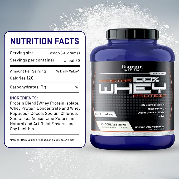 Ultimate Nutrition Prostar Whey Protein Powder Isolate Gourmet Chocolate Mint - Low Carb High Protein Powder Shake for Muscle Gain &amp Recovery - Low Sodium Low-Fat &amp Keto Friendly - 5.28 lbs