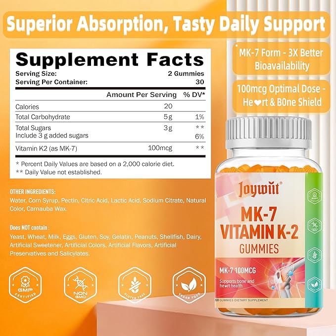 Vitamin K2 MK-7 Gummies 100mcg Extra Strength K2 Vitamin Supplement for Bone &amp He-Art Support Chewable Natural Orange Flavor Non GMO Vegan 120 Gummies