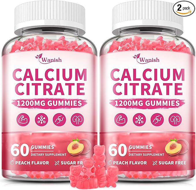 (2 Pack) Calcium Citrate 1200 mg Gummies Supplements for Women &amp MenPure Calcium Citrate Gummies for Bone Muscle &amp Immune Support - Easy to Digest Sugar FreeVeganPeach Flavor60 Day Suppl