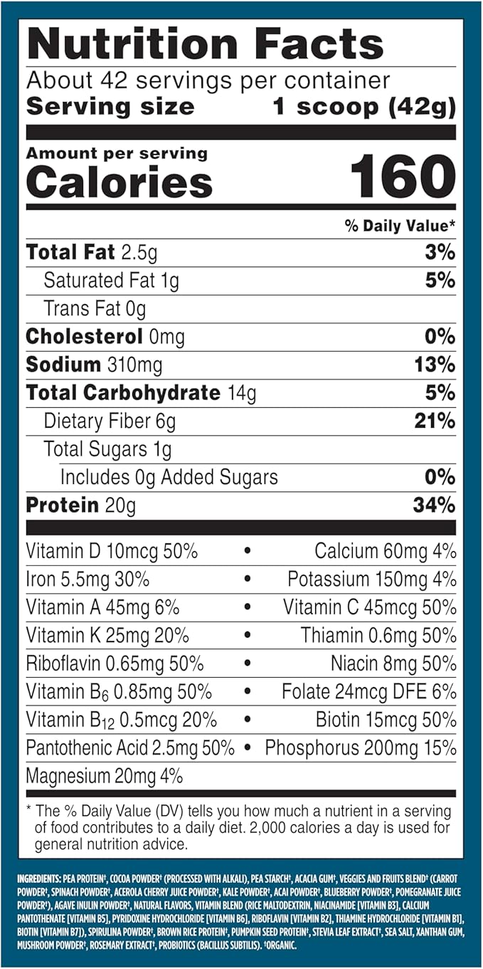 Vega All in One Nutrition Organic - 20g Plant-Based Pea Protein Chocolate 42 Servings Vitamins A &amp C Probiotics Greens Vegan Keto Gluten Free 61.8oz (Packaging May Vary) (Pack of 6)