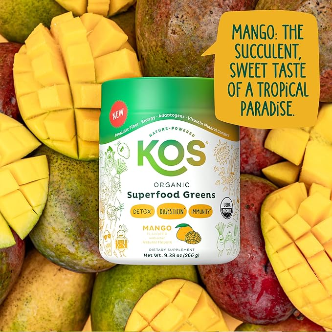 KOS Organic Superfood Greens Powder - Gut Health from Prebiotic Fiber Supergreens and Adaptogens - USDA Certified Organic Made in a GMP Certified Facility - 28 Servings Mango