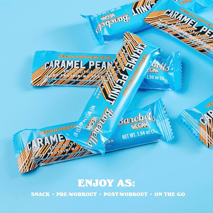 Barebells Vegan Protein Bars Peanut Caramel Plant Based with High Protein - Chocolate Protein Bars - Perfect on The Go Protein Snack &amp Breakfast Bars 12 Count (Pack of 1)