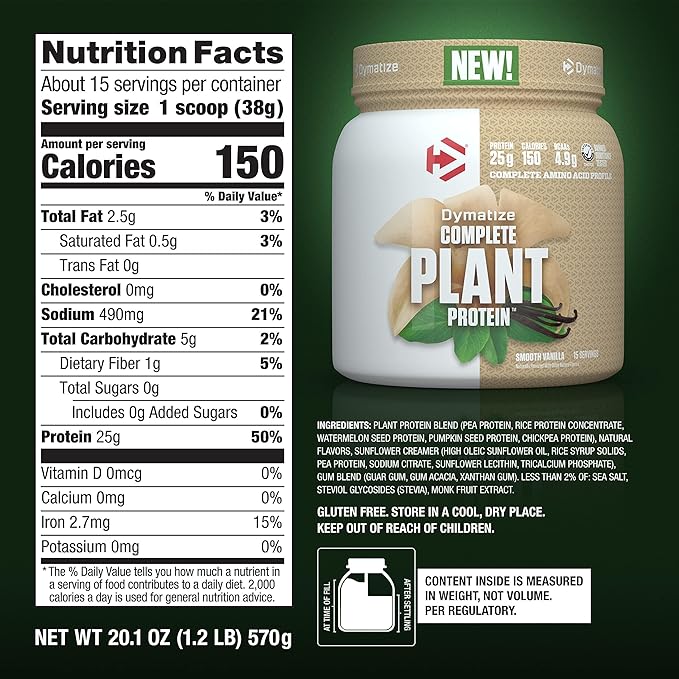 Dymatize Vegan Plant Protein Smooth Vanilla 25g Protein 4.8g BCAAs Complete Amino Acid Profile 15 Servings