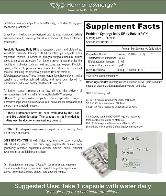 RetzlerRx Probiotic Synergy Daily Df 30 Billion CFU Bifidobacterium - Acid-Resistant DRCaps for Men's Digestive Health - 4 Researched Strains Including HN019 - Supports Flora Balance - 30 Count