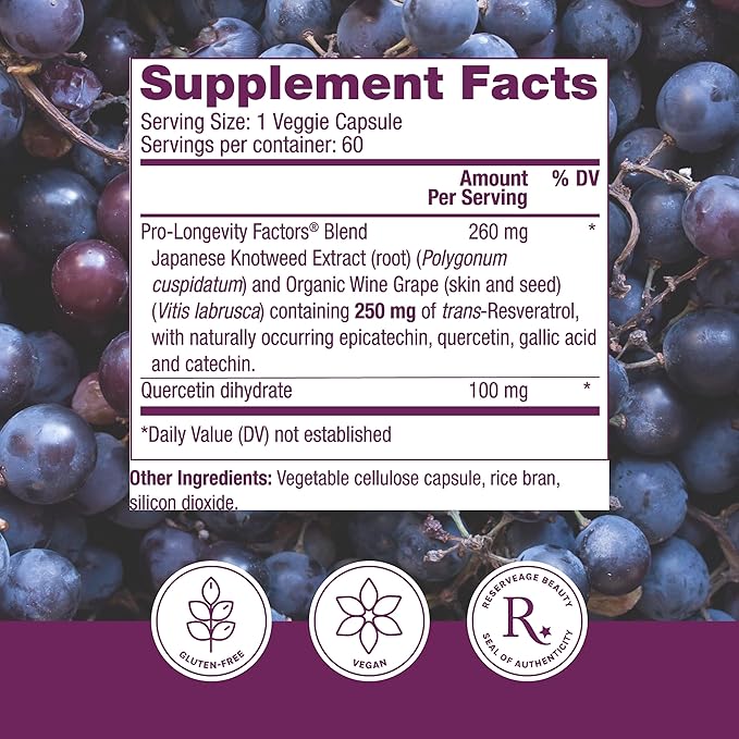 Reserveage Beauty Resveratrol 250 mg - Best Trans-Resveratrol - Vegan Antioxidant Supplement for Cellular &amp Heart Health - Aids Healthy Aging &amp Immune Health - 60 Vegetable Capsules