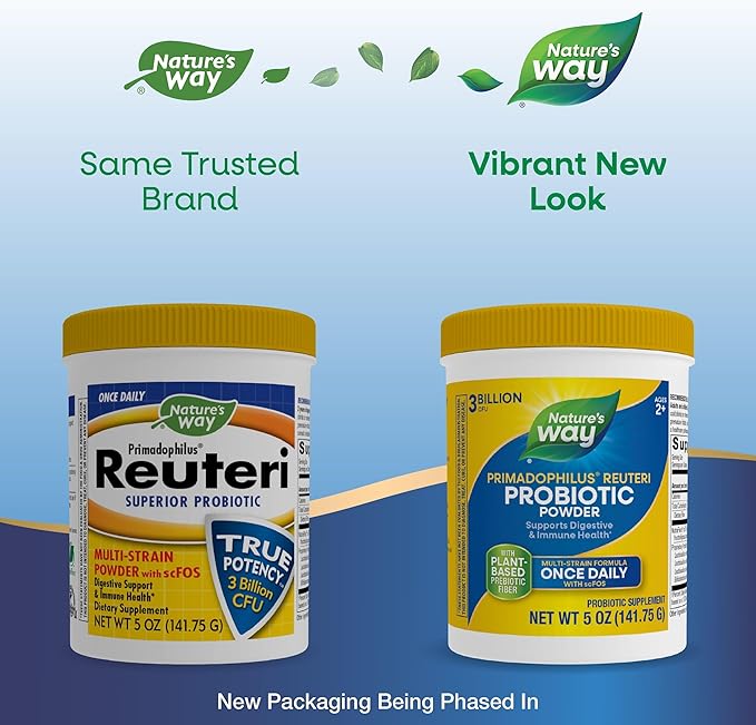 Nature's Way Primadophilus Reuteri Probiotic Powder Supports Digestive &amp Immune Health* Multi-Strain Formula with Prebiotics 3 Billion Live Cultures 5 Oz (Packaging May Vary) - 2 Pack