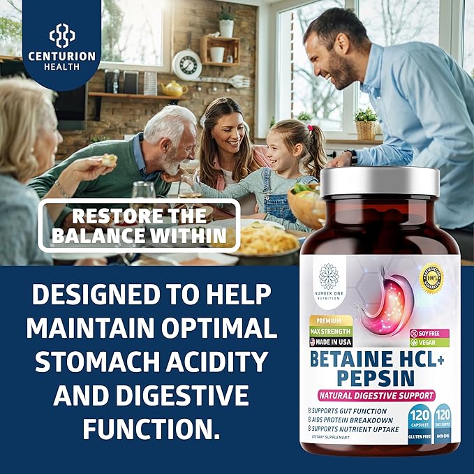 Number One Nutrition Premium Betaine Hydrochloride Enzymes Supplement with Pepsin Helps Support Protein Breakdown and Nutrient Absorption 120 Caps