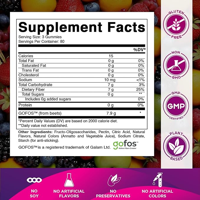Vitamatic Prebiotic Fiber Gummies for Adults 7G Extra Strength Zero Sugar Added 240 Pectin Based Gummies Digestive Health &amp Regularity Support