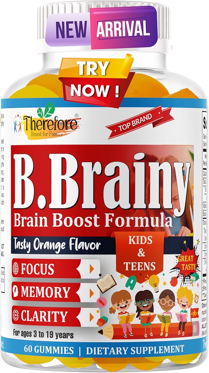 B.Brainy Focus Gummies for Kids &amp Teens Kids Focus and Attention Supplements Brain Focus Vitamins Vegan Omega 3 EPA/DHA Support Memory Clarity Concentration Low Sugar 60 Gummies