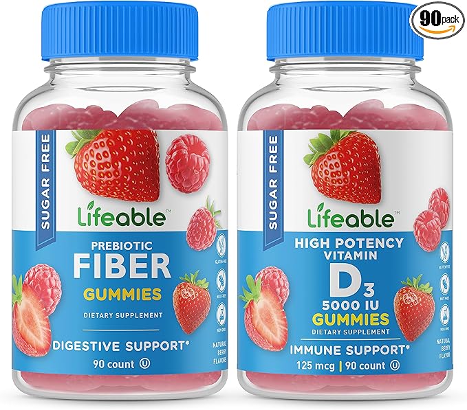 Lifeable Sugar Free Prebiotic Fiber + Vitamin D 5000 IU Gummies Bundle - Great Tasting Vitamin Supplement Gluten Free GMO Free Chewable Gummy