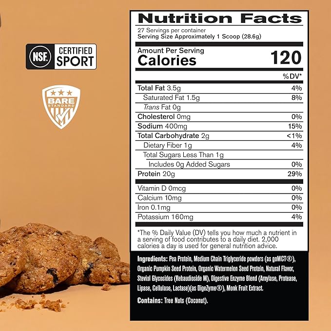 Bare Performance Nutrition Vegan Protein Plant Based Protein Pea Protein Watermelon Protein and Pumpkin Protein Naturally Sweetened and Flavored 27 Servings Oatmeal Cookie