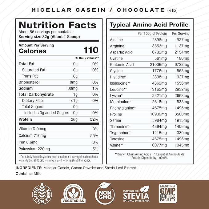 Muscle Feast 100% Whey Concentrate Isolate &amp Hydrozlyed Blend - Vanilla 5lb (x1) and Micellar Casein Protein Powder - Chocolate 4lb (x1) - Grass Fed All Natural Hormone-Free Whey Protein