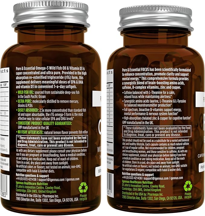 Omega-3 &amp Vitamin D3 1000iu + Focus Brain Booster Bundle Fast-Acting 1-a-Day EPA &amp DHA rTG Wild Fish Oil + Caffeine L-Theanine Taurine &amp L-Tyrosine B-Vitamins Zinc &amp Copper by Ig