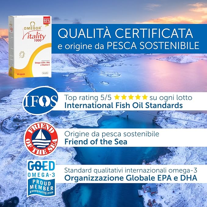OMEGOR Omega 3 Fish Oil Supplement IFOS Certified Vitality 1000 with 800mg EPA and DHA per Capsule - No Fishy Aftertaste Non-GMO (60 Softgels)
