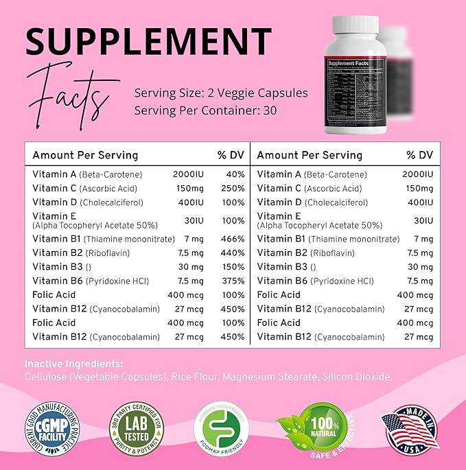 Stellar Labs Low FODMAP Vegan Women's Ultra Multi-Vitamin | Easy to Digest Daily Multivitamin Without Iron | Low Energy Supplement Female Support | Easy to Swallow Veggie Capsules | 60 Count