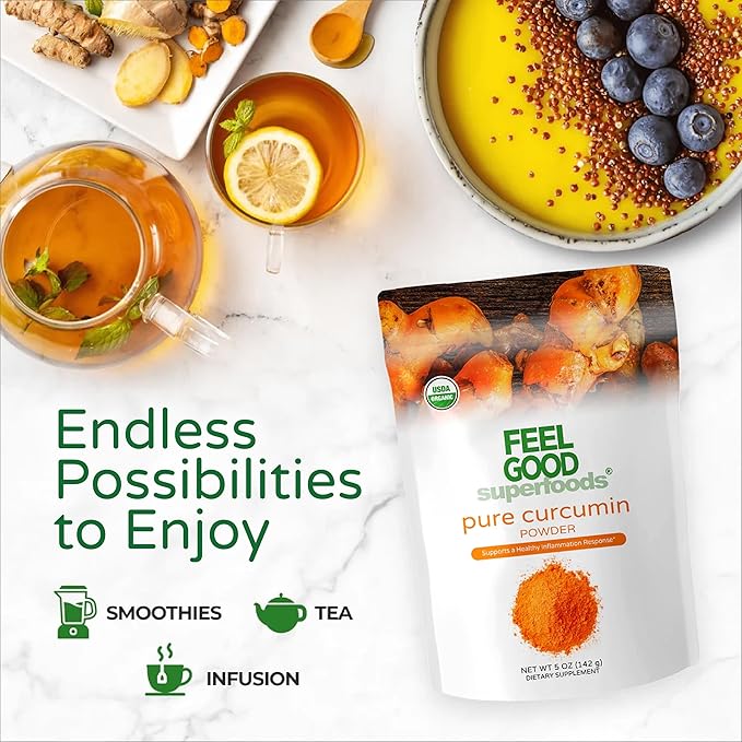 FEEL GOOD Superfoods Pure Curcumin Powder Organic Non-GMO Vegan from Bulk Ground Turmeric Root from India Curcuma Longa Joint Supplement 5 oz